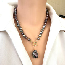 Load image into Gallery viewer, Black pearl pendant necklace with removable baroque charm displayed on mannequin front view