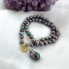 Load image into Gallery viewer, Black pearl necklace with gold vermeil clasp and baroque pendant on white background