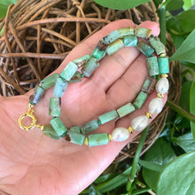 Load image into Gallery viewer, Stylish Chrysoprase tube Beads Necklace with Gold Vermeil and 4 Freshwater Pearls on the side, Hand knotted with a green thread and finished with gold vermeil plated silver marine clasp, allowing you to add the pendant of your choice, 19"inches long
