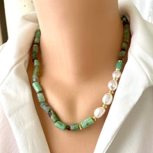 Load image into Gallery viewer, Stylish Chrysoprase tube Beads Necklace with Gold Vermeil and 4 Freshwater Pearls on the side, Hand knotted with a green thread and finished with gold vermeil plated silver marine clasp, allowing you to add the pendant of your choice, 19"inches long