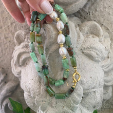 Load image into Gallery viewer, Stylish Chrysoprase tube Beads Necklace with Gold Vermeil and 4 Freshwater Pearls on the side, Hand knotted with a green thread and finished with gold vermeil plated silver marine clasp, allowing you to add the pendant of your choice, 19"inches long