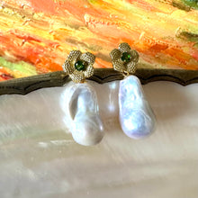 Load image into Gallery viewer, Chrome diopside pearl drop earrings in gold vermeil on white pearl and natural background