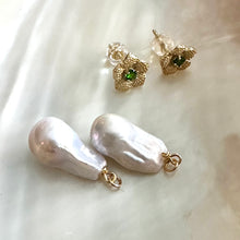 Load image into Gallery viewer, Convertible chrome diopside pearl earrings with separate stud and pearl drop pieces on shell background