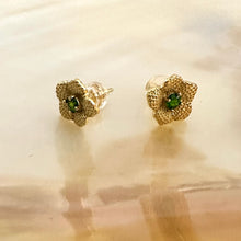 Load image into Gallery viewer, Chrome diopside flower stud earrings in gold vermeil displayed on pearl background