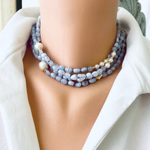 Load image into Gallery viewer, Blue Lace Agate & Pearl Necklace, 64" Long Necklace