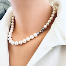 Load image into Gallery viewer, White pearl necklace cross pendant shown on mannequin side view without pendant — handcrafted freshwater pearl jewelry by Loulia Pearl Jewelry