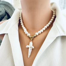 Load image into Gallery viewer, White pearl necklace cross pendant front view on mannequin — elegant handcrafted freshwater pearl jewelry with gold clasp by Loulia Pearl Jewelry