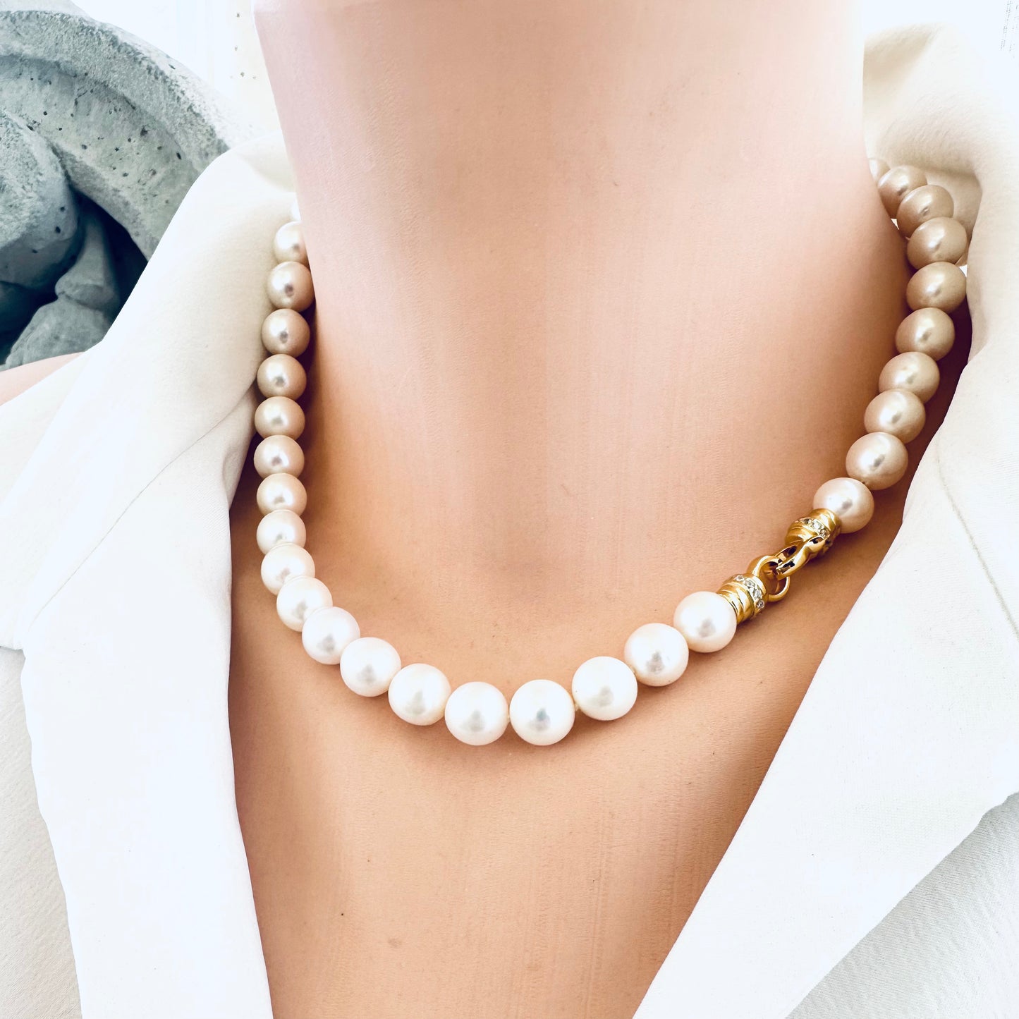 Side view of white pearl necklace cross pendant worn without pendant — classic handcrafted freshwater pearl necklace by Loulia Pearl Jewelry