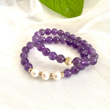 Load image into Gallery viewer, Amethyst & Freshwater Pearl Bracelet, Gold Filled, 7"inches, 8mm Beads, February Birthstone