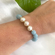 Load image into Gallery viewer, Aquamarine 8mm & Freshwater Pearl Bracelet, 14K GF