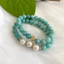 Load image into Gallery viewer, Amazonite & Freshwater Pearl Stretchy Bracelet, 14K GF