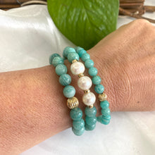 Load image into Gallery viewer, Amazonite & Freshwater Pearl Stretchy Bracelet, 14K GF