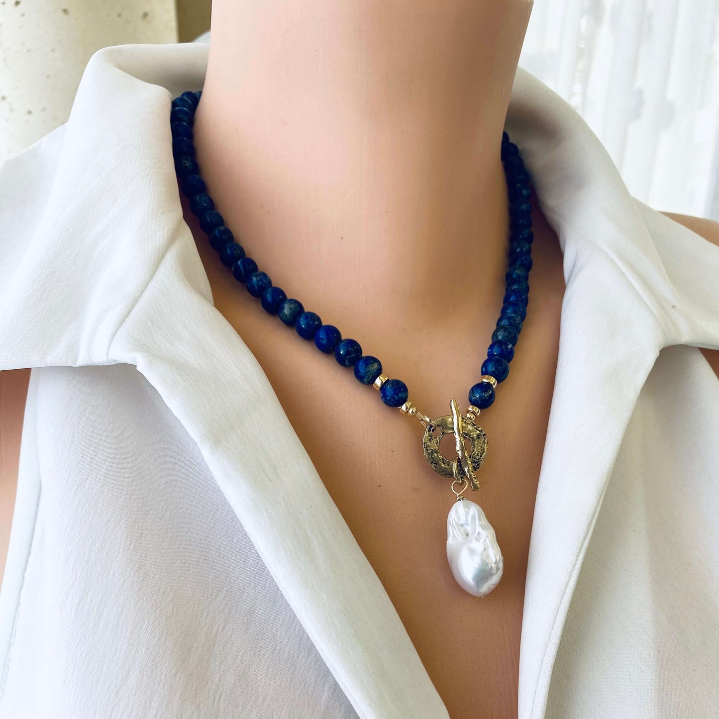 Lapis lazuli baroque pearl necklace handmade in Canada with gold filled details