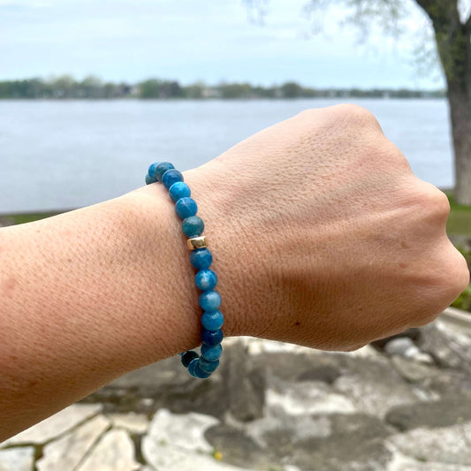 Blue Apatite Bracelet worn on wrist – single bracelet close-up