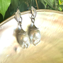 Load image into Gallery viewer, Handcrafted Leaf Design Baroque Pearl Earrings on natural green backdrop — elegant sterling silver and baroque pearl design by Loulia Pearl Jewelry