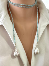 Load image into Gallery viewer, Close-up of Blue Larimar Lariat Necklace on mannequin — detailed view of larimar beads and baroque pearls handcrafted by Loulia Pearl Jewelry