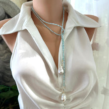 Load image into Gallery viewer, Blue Larimar Lariat Necklace on mannequin — handcrafted larimar and baroque pearl jewelry by Loulia Pearl Jewelry