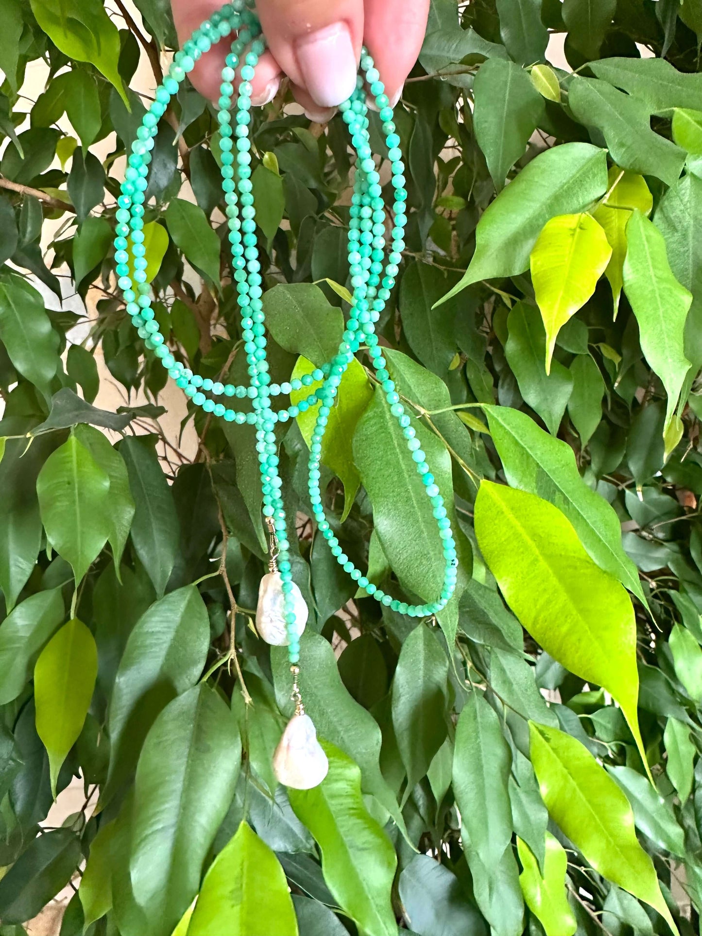 Handcrafted Apple Green Chrysoprase Lariat Necklace photographed in nature — vibrant chrysoprase and pearl jewelry by Loulia Pearl Jewelry