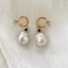 Load image into Gallery viewer, White Baroque Pearl Hoop Earrings, with Black Spinel and Diamonds Pave Accent, Baroque Pearls Drop Earrings, Gold Vermeil Plated Silver. Drop length 30mm
