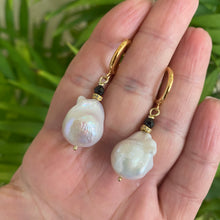 Load image into Gallery viewer, White Baroque Pearl Hoop Earrings, with Black Spinel and Diamonds Pave Accent, Baroque Pearls Drop Earrings, Gold Vermeil Plated Silver. Drop length 30mm