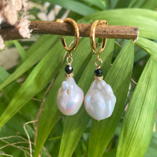 Load image into Gallery viewer, White Baroque Pearl Hoop Earrings, with Black Spinel and Diamonds Pave Accent, Baroque Pearls Drop Earrings, Gold Vermeil Plated Silver. Drop length 30mm