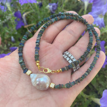 Load image into Gallery viewer, Black Ethiopian Opal and Baroque Pearl Necklace, Multi Fire Black Opal Heishi Square Beads, Gold Vermeil cube Accents adorning the centred  baroque pearl, 17"Inches long,October Birthstone gift for her