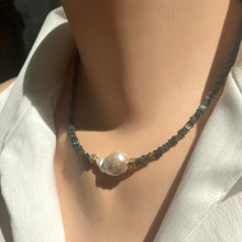 Load image into Gallery viewer, Black Ethiopian Opal and Baroque Pearl Necklace, Multi Fire Black Opal Heishi Square Beads, Gold Vermeil cube Accents adorning the centred  baroque pearl, 17"Inches long,October Birthstone gift for her