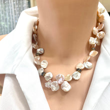 Carica l'immagine nel visualizzatore di Gallery, Single Strand of lustrous freshwater petal pearls in delicate shades of pink, gold and lavender, with rhinestones and gold plated magnetic ball clasp. 17.5"inches long