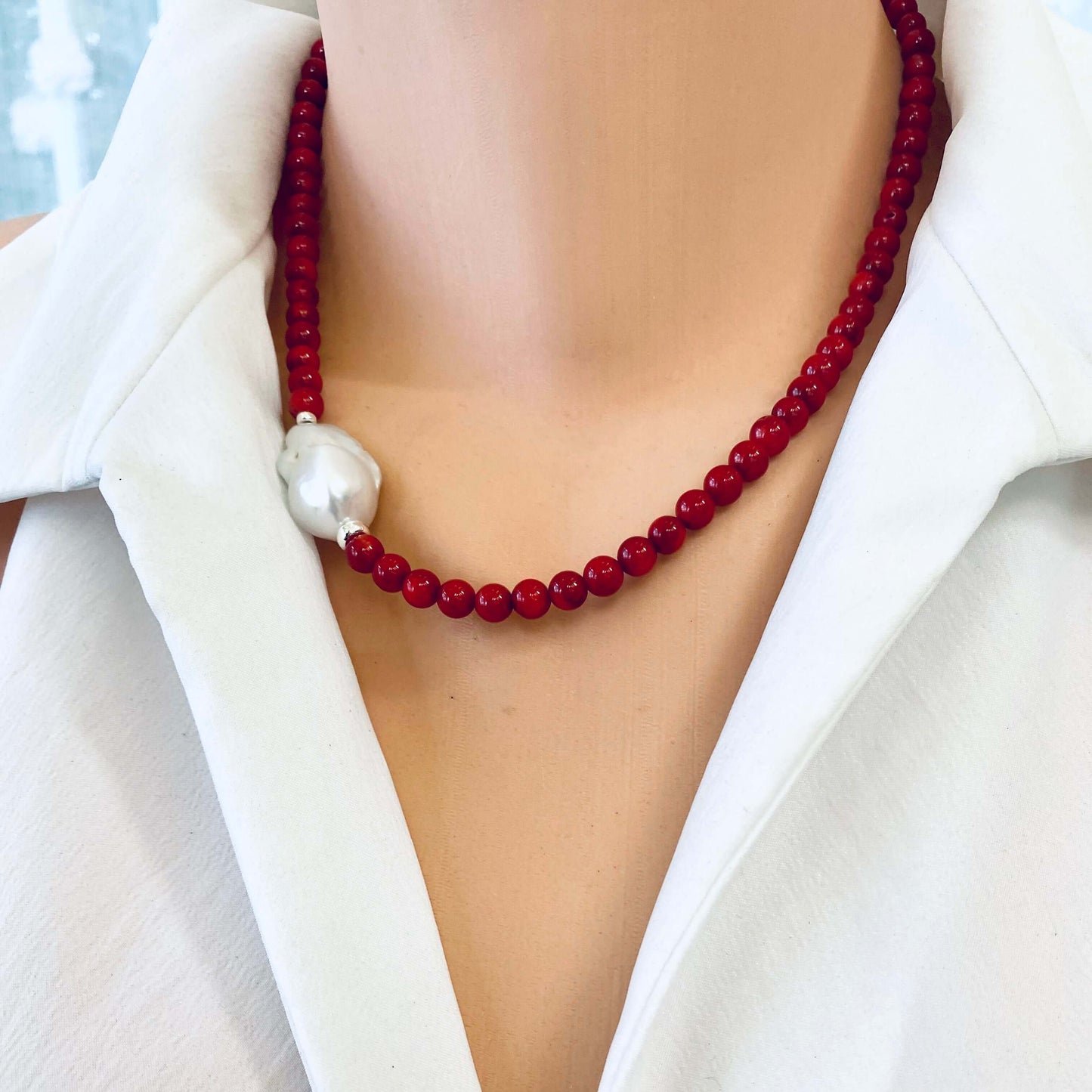 Red Coral Necklace, Baroque Pearl & Silver