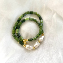 Load image into Gallery viewer, Hand knotted Green Canadian Jade Tube Beads Necklace w Gold Vermeil Plated Silver & Fresh Water Baroque Pearls x3. gold plated silver marine clasp and beads.
Measures almost 18"inches or 45cm