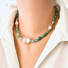 Load image into Gallery viewer, Hand Knotted shaded Apple Green Chrysoprase nugget beads & 3 Baroque Pearls Necklace, Gold Vermeil Plated Silver separation beads and marine clasp, 17"inches long