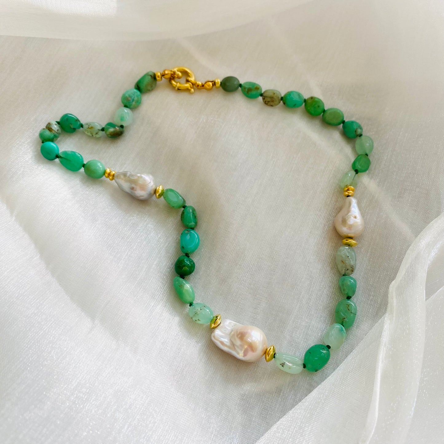 Hand Knotted shaded Apple Green Chrysoprase nugget beads & 3 Baroque Pearls Necklace, Gold Vermeil Plated Silver separation beads and marine clasp, 17"inches long