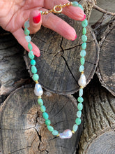 Load image into Gallery viewer, Hand Knotted shaded Apple Green Chrysoprase nugget beads & 3 Baroque Pearls Necklace, Gold Vermeil Plated Silver separation beads and marine clasp, 17"inches long