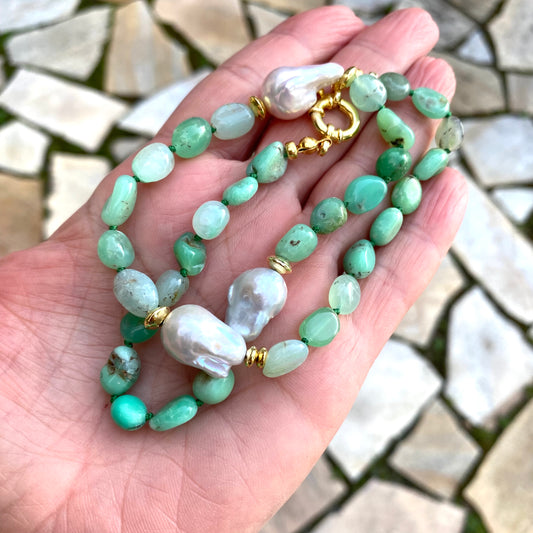 Hand Knotted shaded Apple Green Chrysoprase nugget beads & 3 Baroque Pearls Necklace, Gold Vermeil Plated Silver separation beads and marine clasp, 17"inches long
