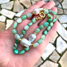 Load image into Gallery viewer, Hand Knotted shaded Apple Green Chrysoprase nugget beads & 3 Baroque Pearls Necklace, Gold Vermeil Plated Silver separation beads and marine clasp, 17"inches long