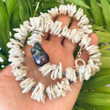 Load image into Gallery viewer, White Cornflake Pearls Necklace & Black Baroque Pearl