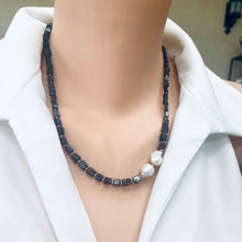 Carica l'immagine nel visualizzatore di Gallery, Navy Blue Iolite Rectangular Beads and 2 Baroque Pearls off centre Necklace. Finished with sterling silver details, this necklace brings together luxury and durability. The adjustable length, ranging from 19 to 20 inches, ensures a perfect fit