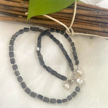 Carica l'immagine nel visualizzatore di Gallery, Navy Blue Iolite Rectangular Beads and 2 Baroque Pearls off centre Necklace. Finished with sterling silver details, this necklace brings together luxury and durability. The adjustable length, ranging from 19 to 20 inches, ensures a perfect fit