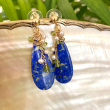 Load image into Gallery viewer, Teardrop Lapis Lazuli & Peridot Earrings, 14k GF