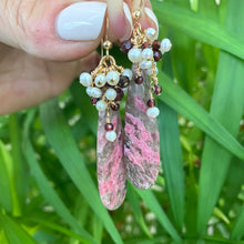 Load image into Gallery viewer, Pink Rhodonite Teardrop Earrings, Garnet & Pearl Cluster, 14K GF