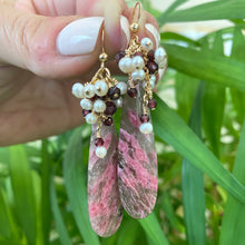 Load image into Gallery viewer, Pink Rhodonite Teardrop Earrings, Garnet & Pearl Cluster, 14K GF