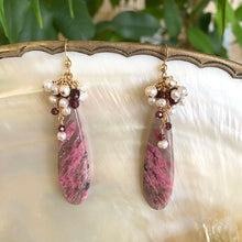 Load image into Gallery viewer, Pink Rhodonite Teardrop Earrings, Garnet & Pearl Cluster, 14K GF