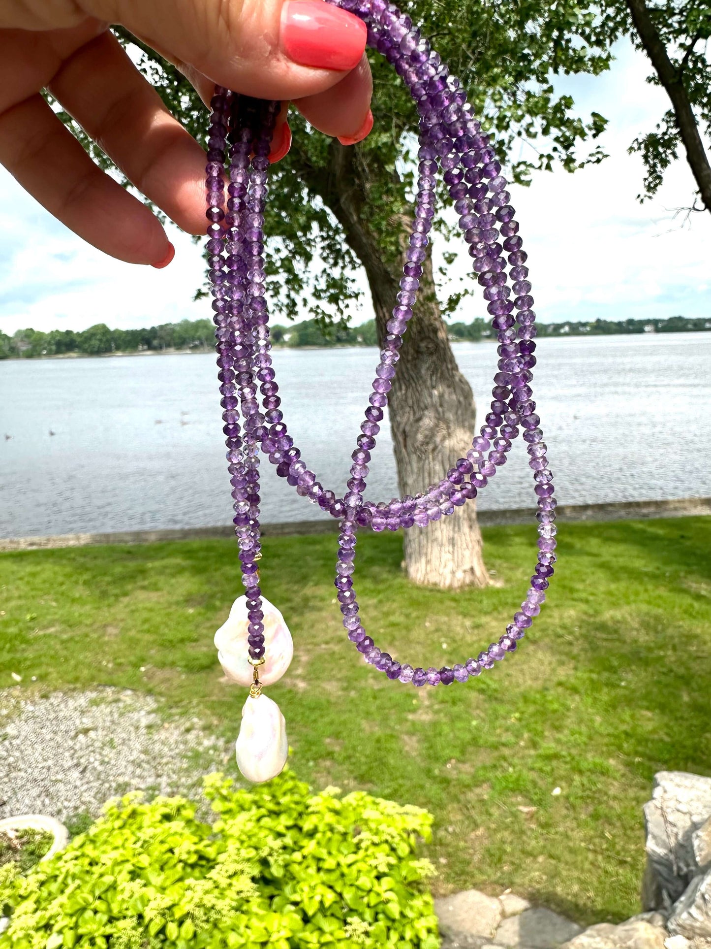 Amethyst pearl lariat necklace handmade in Canada with long purple amethyst strand