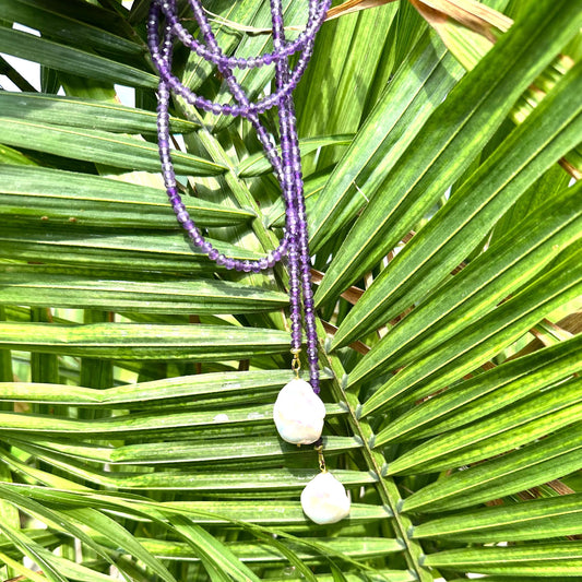 Amethyst pearl lariat necklace with faceted amethyst strand and white baroque pearls