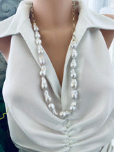Load image into Gallery viewer, Baroque pearl gold chain necklace on mannequin — front view showing bold asymmetric design of handcrafted pearl jewelry by Loulia Pearl Jewelry
