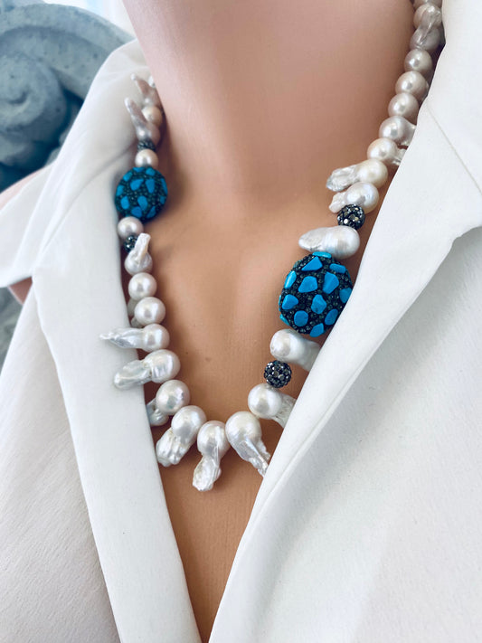 Baroque pearl jellyfish necklace side view on mannequin handmade in Canada