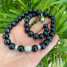 Load image into Gallery viewer, Navy Blue Pearl Chunky Necklace with Zircons Pave Silver Details