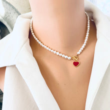 Load image into Gallery viewer, Elegant White Pearl Necklace with gold vermeil clasp and red heart charm worn by mannequin.