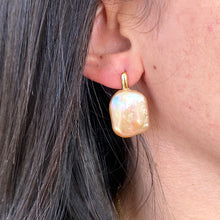Load image into Gallery viewer, Oversize Golden Peach Rectangular shaped Pearl Drop Earrings