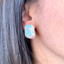 Load image into Gallery viewer, Golden pink rectangle baroque pearl stud earrings worn by woman, rectangular freshwater pearls handmade in Canada.